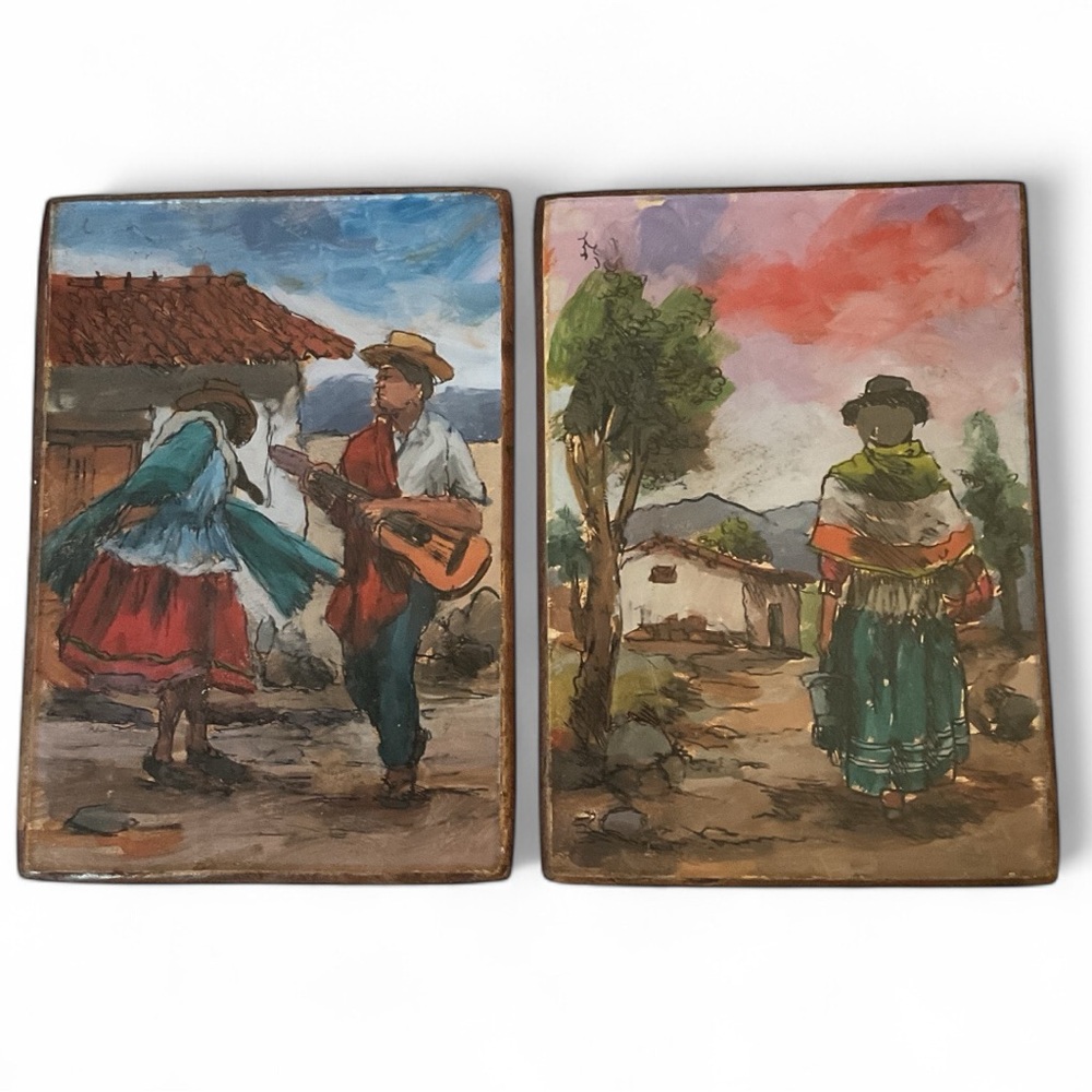 PERUVIAN Painted SCENES REVERSE HAND PAINTED IN WOOD FRAMES Copper Trim SET OF 2